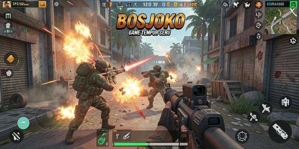 Screenshot gameplay <strong>BOSJOKO</strong> yang menampilkan aksi tembak-menembak yang intens.