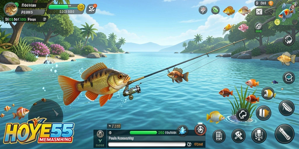 Screenshot gameplay HOYE55 dengan pemain sedang memancing di lokasi indah.