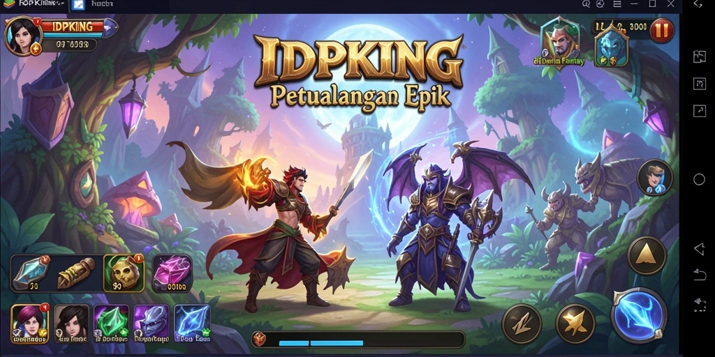 Tangkapan layar utama IDPKING menampilkan pertarungan epik di dunia fantasi.