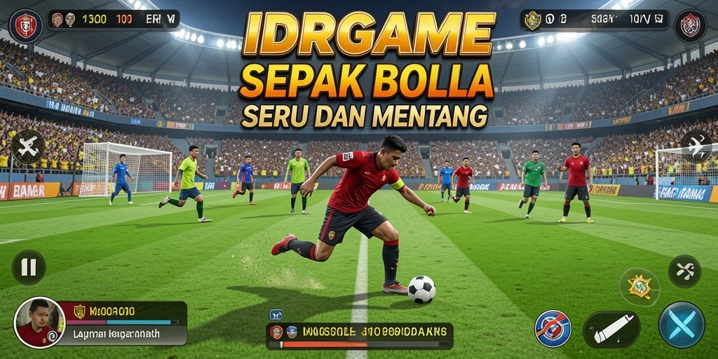 Screenshot gameplay menampilkan aksi seru di lapangan sepak bola.