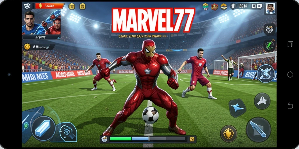 Screenshot gameplay MARVEL77 yang menampilkan aksi sepak bola yang menegangkan.