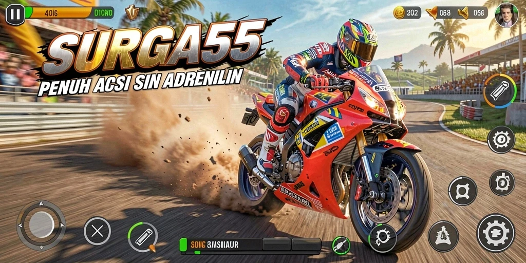 Gameplay SURGA55 yang mendebarkan dan penuh aksi balapan motor.
